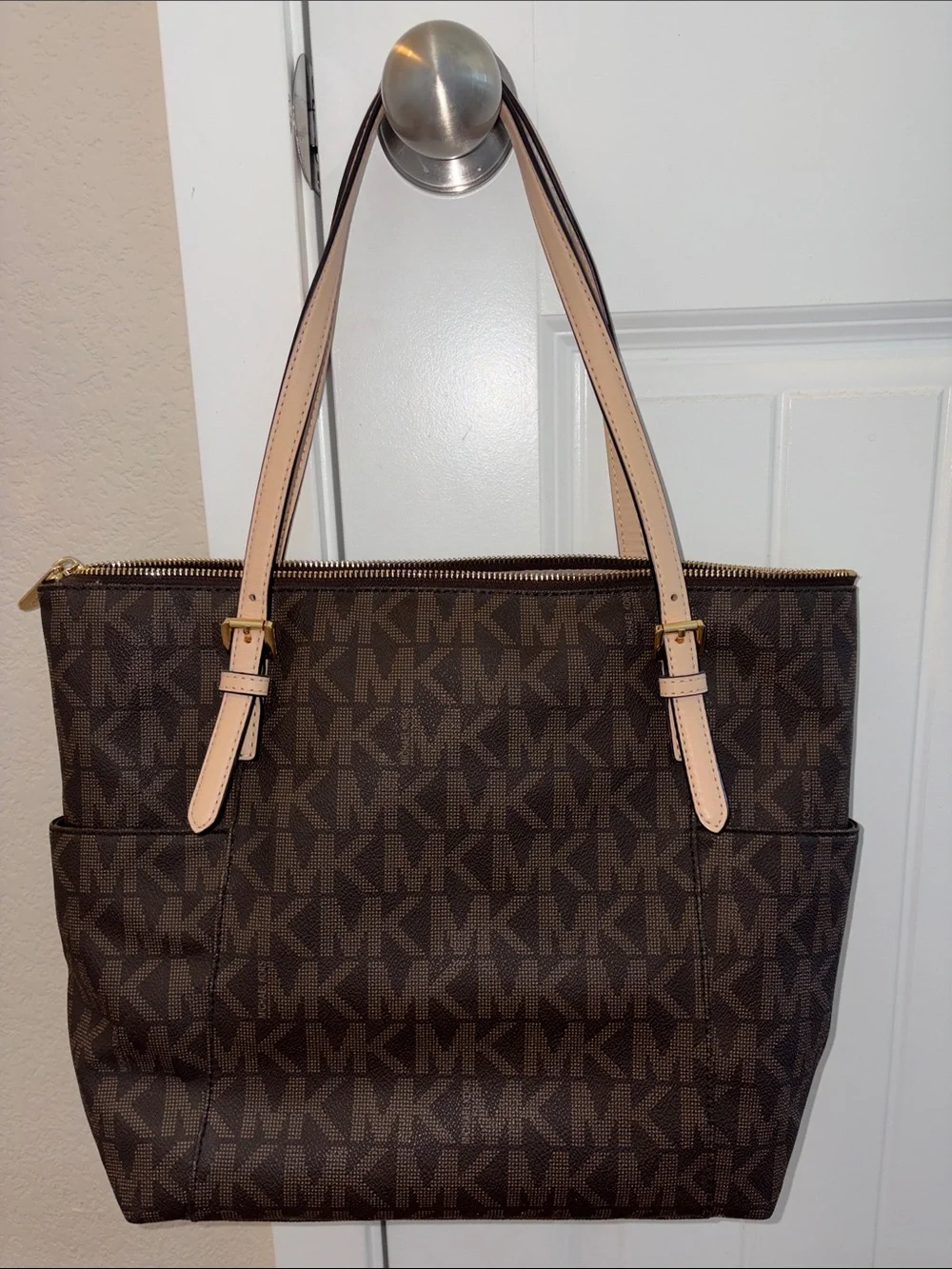 Michael Kors Brown MK Signature Tote with Pale Pink Straps and Gold Charm